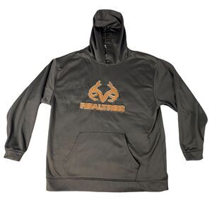 Realtree Mountainaire Pullover Hoodie Faux Leather Script Brown Size XXL